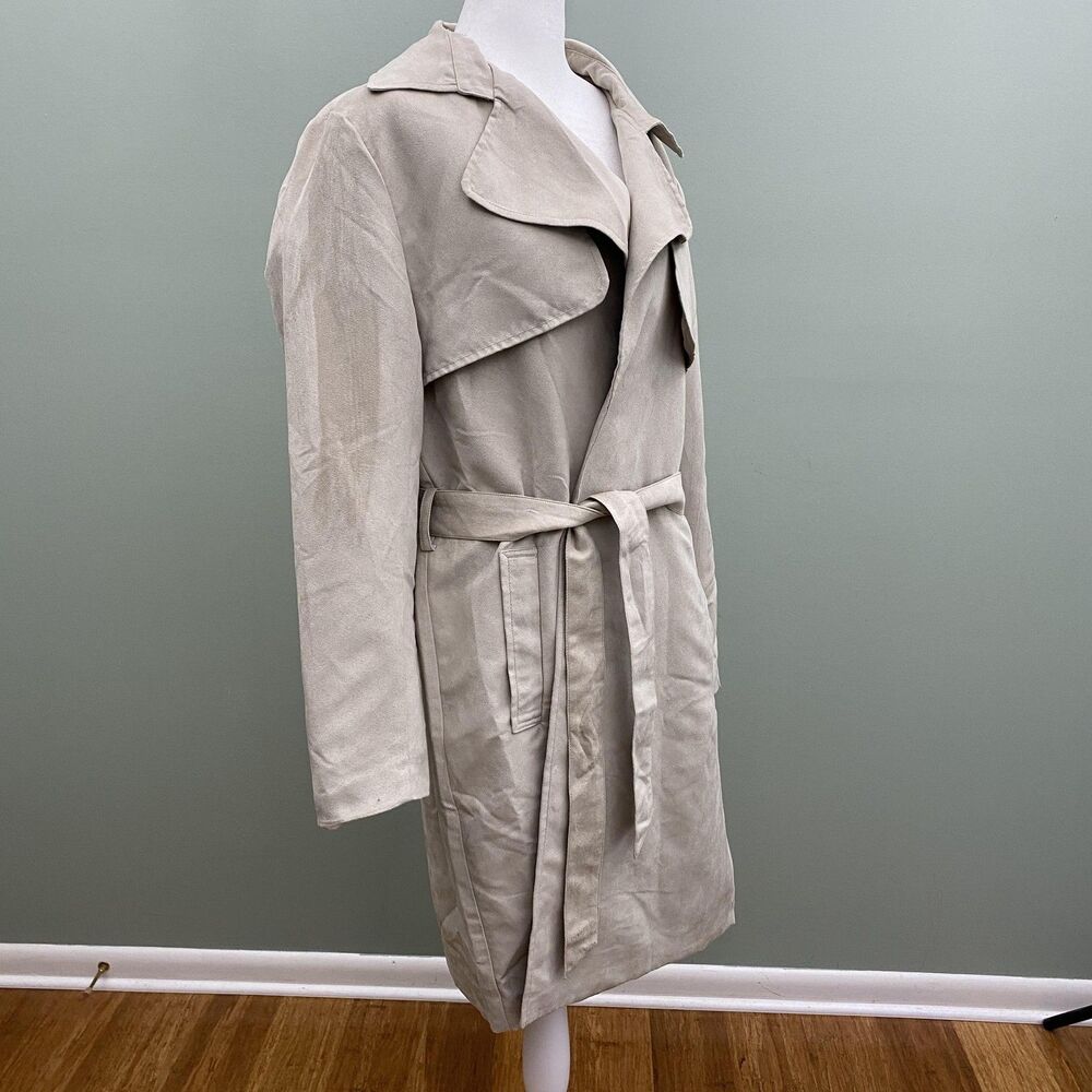 Banana Republic Faux Suede Trench Coat Jacket Tie Drape Front Womens Large Beige - Picture 2 of 11